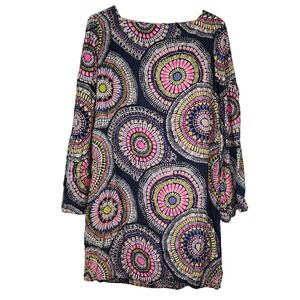 ALICE & TRIXIE MINI DRESS WOMENS L SILK SPLIT SLEEVE MEDALLION BOHO RETRO SHIFT